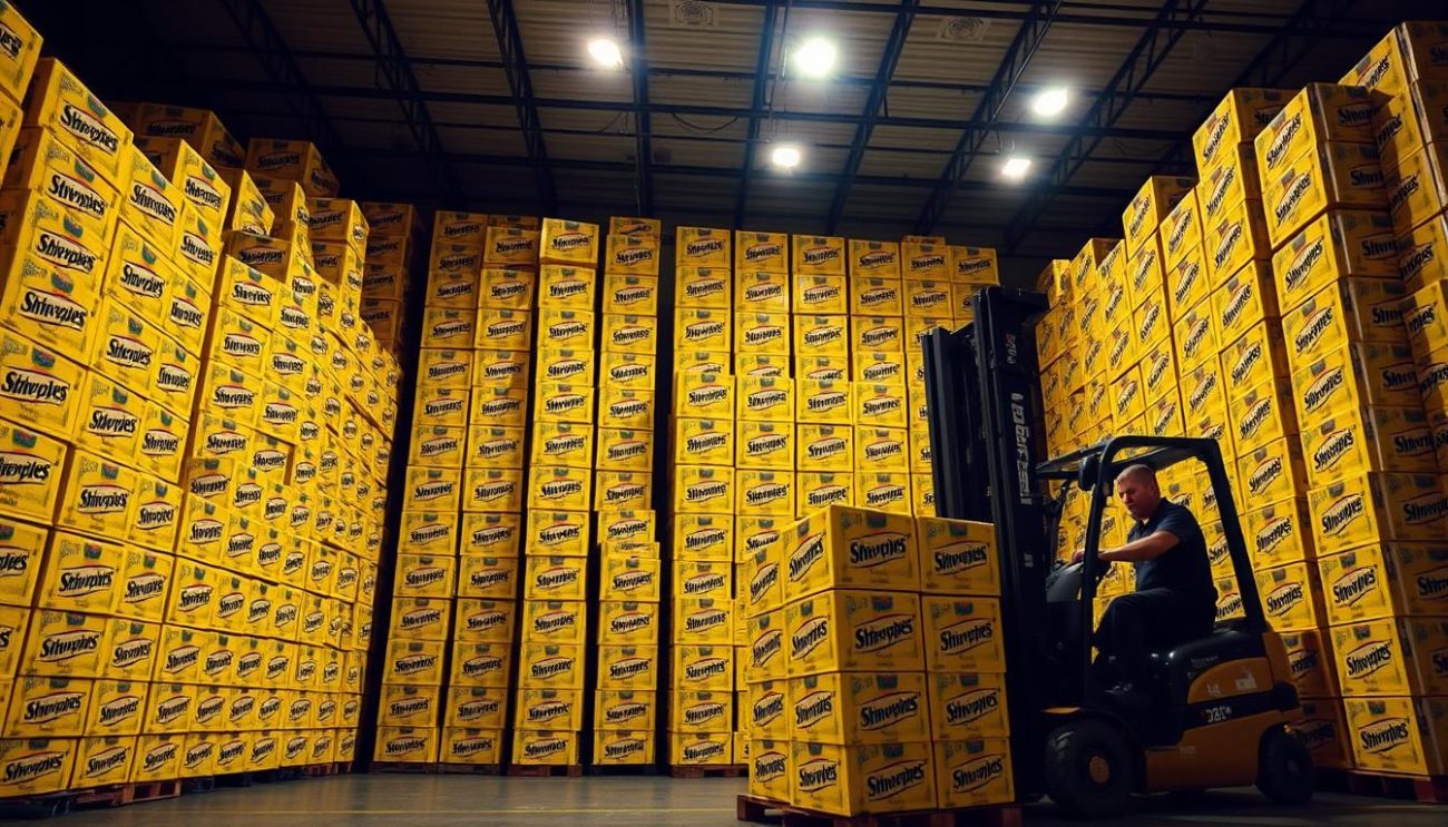 A large warehouse filled with stacks of Schweppes tonic water crates, neatly arranged in a grid-like pattern. The crates are stacked high, reaching up to the ceiling, creating a visually striking display. Bright overhead lighting illuminates the scene, casting dramatic shadows and highlights on the boxes. In the foreground, a forklift operator carefully maneuvers a pallet loaded with crates, ready to be transported for distribution. The atmosphere conveys a sense of efficiency, organization, and the scale of the Schweppes tonic water wholesale operation.