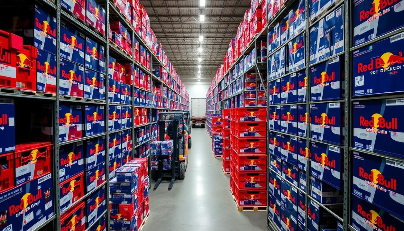 A large warehouse filled with stacks of red and blue Red Bull energy drink crates, neatly arranged on metal shelves. Forklifts and delivery trucks in the background, their drivers loading the crates onto the vehicles. The lighting is bright and even, accentuating the vibrant colors of the product packaging. A sense of efficiency and rapid distribution pervades the scene, reflecting the "Fast Delivery Solutions" theme. The perspective is from a slight overhead angle, giving a comprehensive view of the bustling wholesale operation.