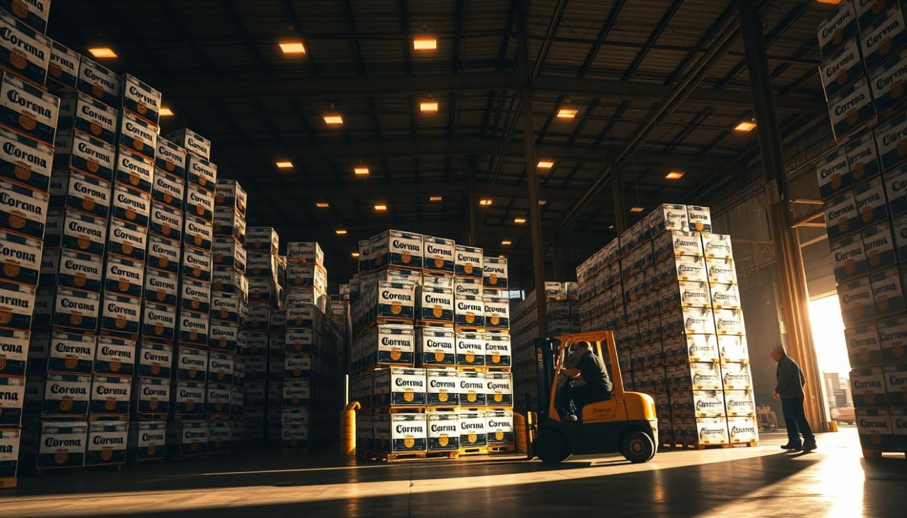 A large warehouse interior, dimly lit with warm, golden overhead lighting. Towering pallets of Corona beer cases, stacked meticulously, cast long shadows on the concrete floor. In the foreground, a forklift operator carefully maneuvering a fresh pallet into place, surrounded by the orderly chaos of inventory management. The background reveals high ceilings, exposed beams, and the faint silhouettes of other workers, showcasing the scale and efficiency of this bulk distribution operation. The atmosphere is one of industrious productivity, underscoring the reliable, high-volume supply chain capabilities of the trusted Austrian supplier, Zeki Frucht.