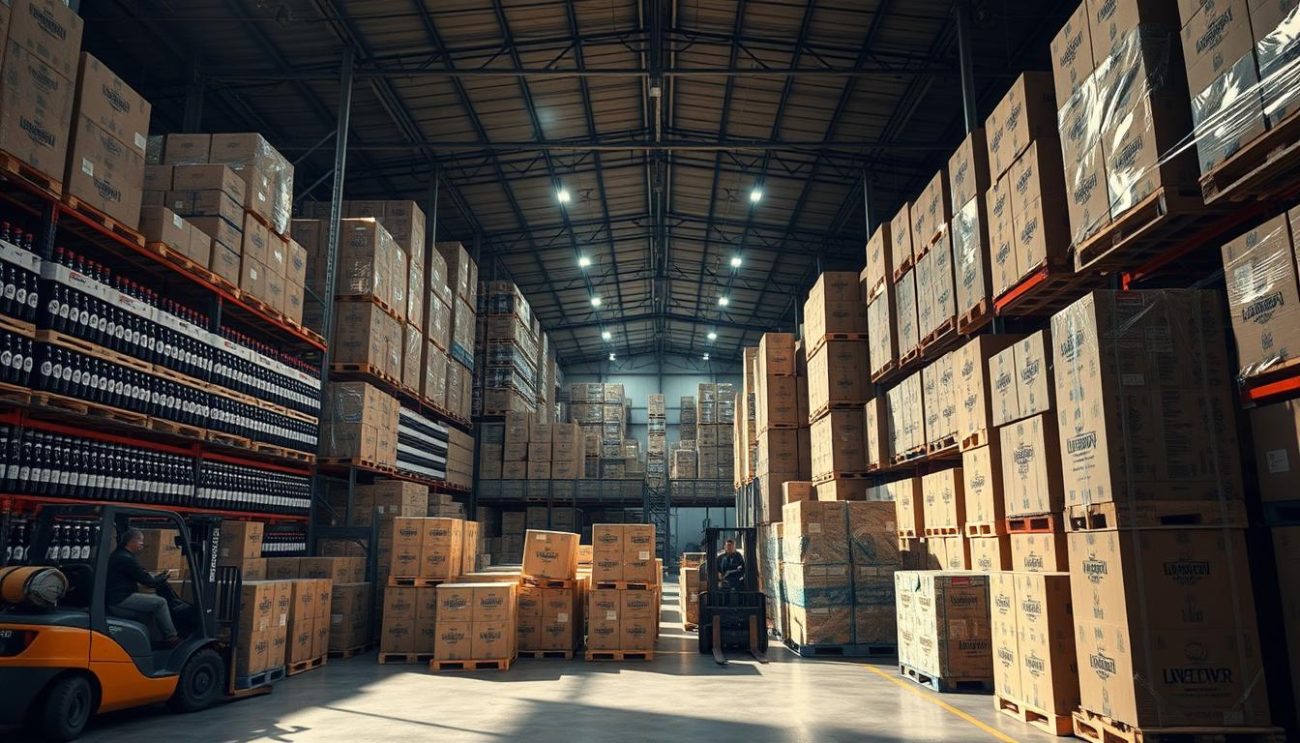 A large warehouse interior, filled with stacks of cardboard beverage cases and pallets loaded with bottled drinks. Bright overhead lighting casts long shadows, highlighting the organization and efficiency of the bulk distribution operation. Forklift operators carefully maneuver the pallets, ready to load them onto waiting delivery trucks. The space has a sense of hustle and activity, conveying the scale and logistics required for European-wide wholesale beverage distribution. The overall mood is one of professionalism, reliability, and the smooth operation of a well-oiled supply chain.