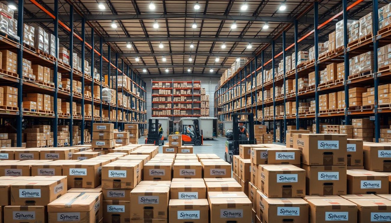 A large warehouse interior, well-lit with warm overhead lighting. In the foreground, rows of neatly stacked cardboard boxes and crates, labeled with brand logos, ready for distribution. Forklifts and workers in the middle ground, efficiently loading the bulk orders onto waiting delivery trucks. In the background, high shelves filled with additional inventory, conveying a sense of scale and organization. The atmosphere is one of productivity and efficiency, with a focus on the logistics of large-scale wholesale distribution partnerships.
