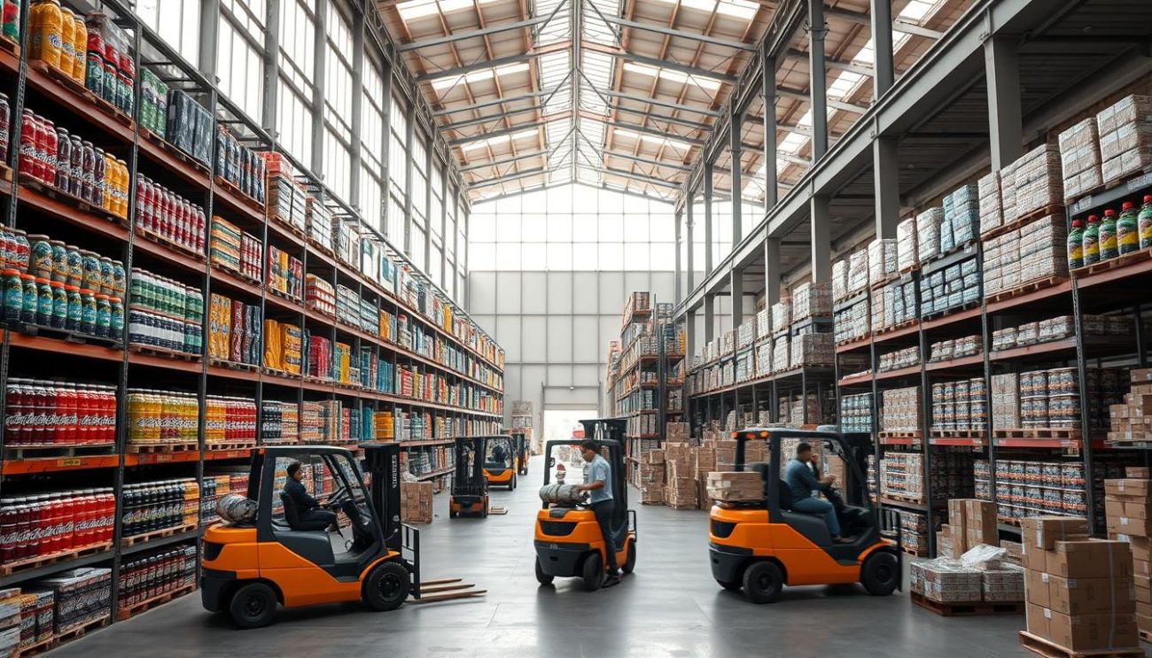 A large warehouse interior with high ceilings and an abundance of natural light streaming through expansive windows. Rows of shelves stocked with various sports drink products, their vibrant colors and sleek packaging creating a visually appealing display. Forklift trucks move efficiently, transporting pallets from one area to another, while workers in uniform carefully inspect and package orders. The overall atmosphere conveys a sense of productivity, organization, and a commitment to delivering high-quality sports nutrition products to clients across Europe.