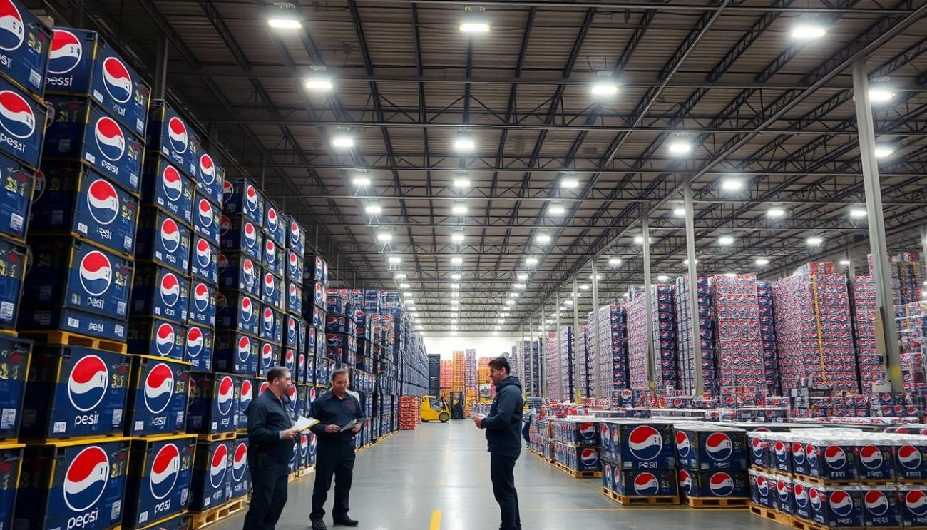 A large warehouse interior with rows of stacked Pepsi crates and pallets. Bright, even lighting from overhead fixtures casts a cool, industrial atmosphere. In the foreground, several workers in uniform are inspecting the inventory, clipboards in hand. The middle ground showcases the sheer scale of the Pepsi stockpile, with towering shelves and forklifts in the distance. The background features a panoramic view of the warehouse, its high ceilings and expansive layout conveying a sense of efficiency and organization. The overall scene depicts a well-oiled Pepsi distribution hub, ready to supply the demands of the target audience.