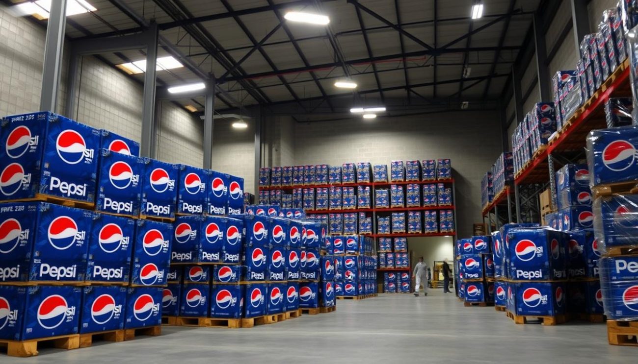 A large warehouse interior, with rows of stacked Pepsi pallets in the foreground. Vibrant blue and red Pepsi branding stands out against the neutral-toned shelving and concrete floors. Bright, directional lighting from overhead fixtures casts dramatic shadows, highlighting the orderly arrangement of the products. The sense of scale and abundance conveys the benefits of wholesale Pepsi purchasing, reflecting the reliable supply and cost savings offered by Zeki Frucht GmbH. In the background, a few warehouse workers can be seen, going about their tasks. An atmosphere of efficiency and professionalism pervades the scene.