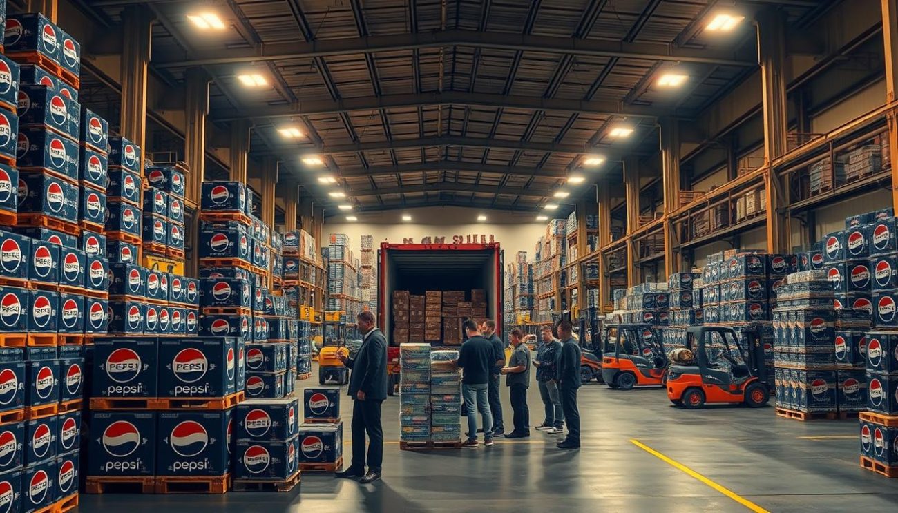 A large warehouse interior with stacks of Pepsi crates and pallets, illuminated by warm overhead lighting. In the foreground, a group of workers inspecting and loading the products onto a cargo truck. In the middle ground, a team of managers reviewing shipping manifests and coordinating the logistics. The background features modern industrial shelving units, forklifts, and a panoramic view of the export-ready Pepsi inventory. The scene conveys efficiency, organization, and a sense of international readiness for global distribution.