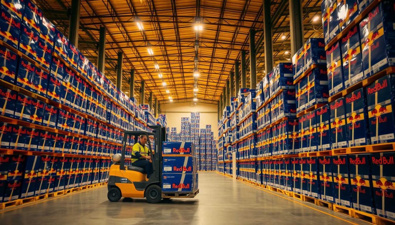 A large warehouse interior with stacks of Red Bull crates lining the shelves. The lighting is warm and inviting, creating a sense of abundance and value. In the foreground, a forklift operator carefully moves a pallet of Red Bull, showcasing the efficiency of bulk purchasing. The middle ground features rows of neatly organized Red Bull crates, suggesting a well-oiled distribution system. The background includes high ceilings and industrial architecture, reinforcing the scale and professionalism of the wholesale operation. The overall atmosphere conveys the advantages of buying Red Bull in large quantities - cost savings, reliability, and streamlined logistics.