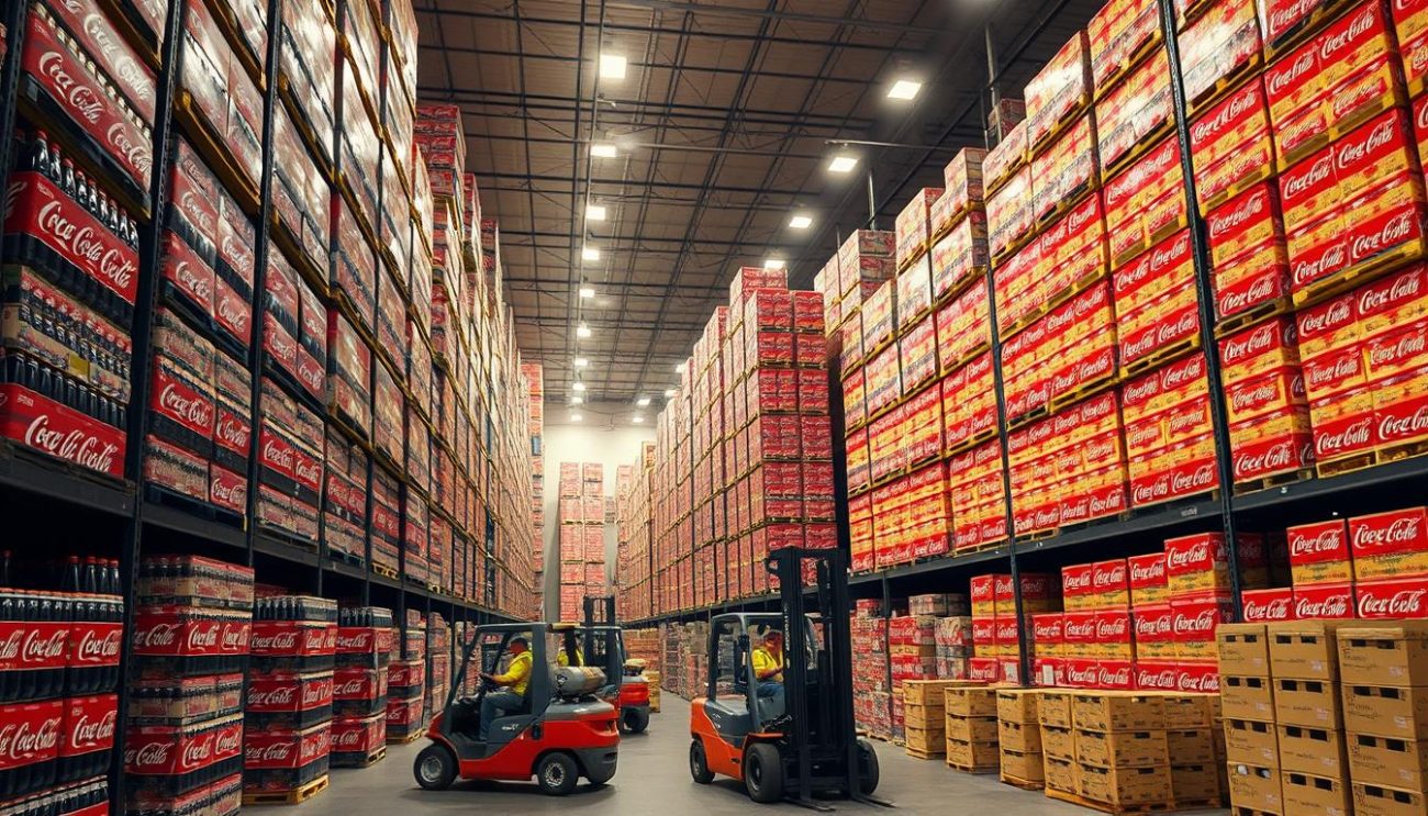 A large warehouse interior with towering shelves stocked with countless boxes and crates of Coca-Cola 330ml bottles. The lighting is bright and even, casting a warm glow over the scene. The camera angle is from a mid-level perspective, capturing the scale and organization of the wholesale operation. Forklifts move efficiently between the aisles, workers carefully loading and unloading pallets. The atmosphere conveys a sense of efficiency, productivity, and the benefits of purchasing in bulk - lower costs, reliable supply, and streamlined logistics.
