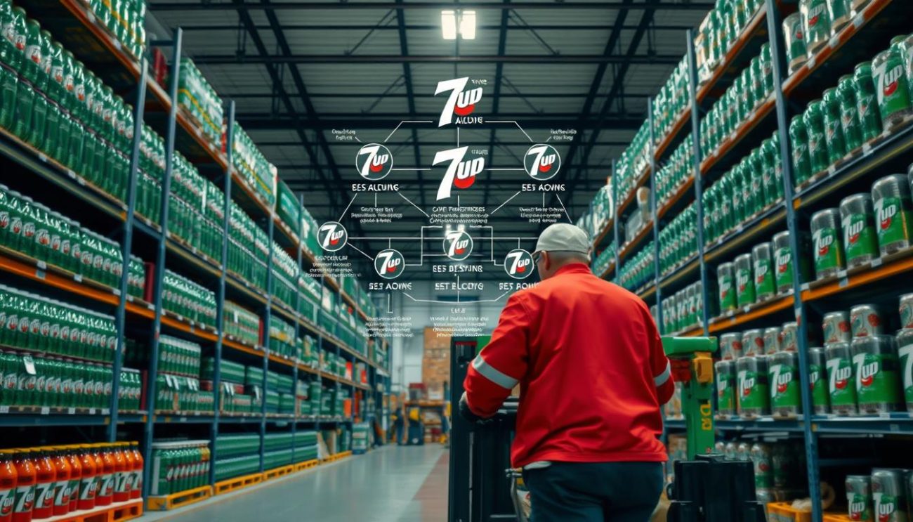 A large warehouse with rows of shelves stocked with 7Up bottles and cans, illuminated by bright overhead lighting. In the foreground, a distribution worker in a red uniform carefully loads cases onto a forklift. The middle ground shows a network of conveyor belts and automated systems, efficiently moving products through the facility. In the background, a detailed schematic diagram depicts the sophisticated logistics and supply chain infrastructure that powers the 7Up distribution network. The scene conveys a sense of precision, reliability, and strategic partnerships that enable the reliable delivery of 7Up to wholesalers and retailers.