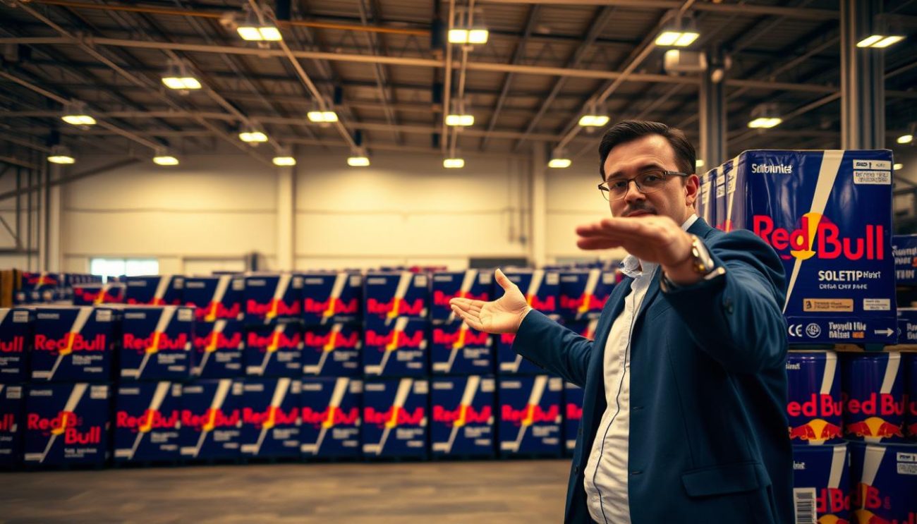 A large warehouse with rows of stacked Red Bull crates, illuminated by warm overhead lighting. The crates are prominently displayed, creating a sense of abundance and availability. In the foreground, a salesperson gestures towards the crates, emphasizing the affordable pricing and the promotional nature of the scene. The background features a clean, modern interior with minimalist decor, conveying a professional and business-oriented atmosphere. The overall composition and lighting evoke a sense of efficiency, accessibility, and the impact of strategic marketing on the wholesale distribution of Red Bull.