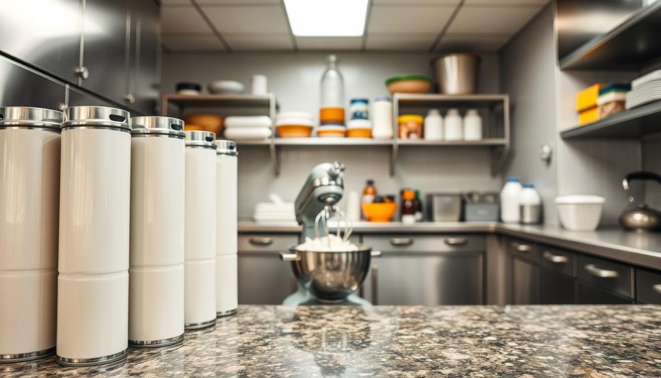 A large, well-lit kitchen with stainless steel appliances and an expansive granite countertop. In the foreground, several tall, cylindrical cans of whipped cream stand in a row, their shiny surfaces reflecting the bright overhead lighting. The cans are arranged in a neat, organized manner, suggesting a sense of efficiency and preparedness. In the middle ground, a mixing bowl filled with freshly whipped cream sits next to a hand mixer, hinting at the process of creating large quantities of the creamy topping. The background features a wall of open shelving, stocked with various baking supplies and ingredients, creating a professional, commercial-grade kitchen atmosphere.