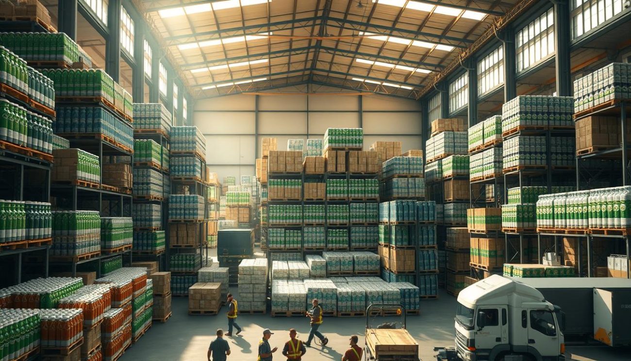 A large, well-lit warehouse interior, filled with neatly stacked pallets of sustainable beverage packaging solutions. Rows of eco-friendly bottles, cans, and cartons in shades of green, brown, and blue stand ready for distribution. Sunlight streams in through high windows, casting a warm glow over the scene. In the foreground, a team of workers carefully load the packaged goods onto a fleet of delivery trucks, ensuring the efficient and responsible transport of these innovative, environmentally-conscious products. The overall atmosphere conveys a sense of dedication to quality and a commitment to sustainability in the beverage industry.