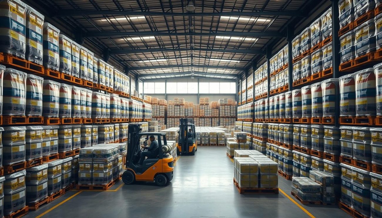 A large, well-lit warehouse interior, filled with rows of neatly stacked bulk tea containers. In the foreground, workers carefully arrange and secure the containers onto sturdy wooden pallets, preparing them for distribution. The middle ground showcases the organized chaos of the warehouse, with forklifts gently maneuvering between the stacks. In the background, a bank of windows floods the space with natural light, casting a warm, inviting glow over the scene. The atmosphere is one of efficiency and professionalism, as the team works in sync to ensure the smooth, timely delivery of high-quality tea products to their wholesale partners across Europe.
