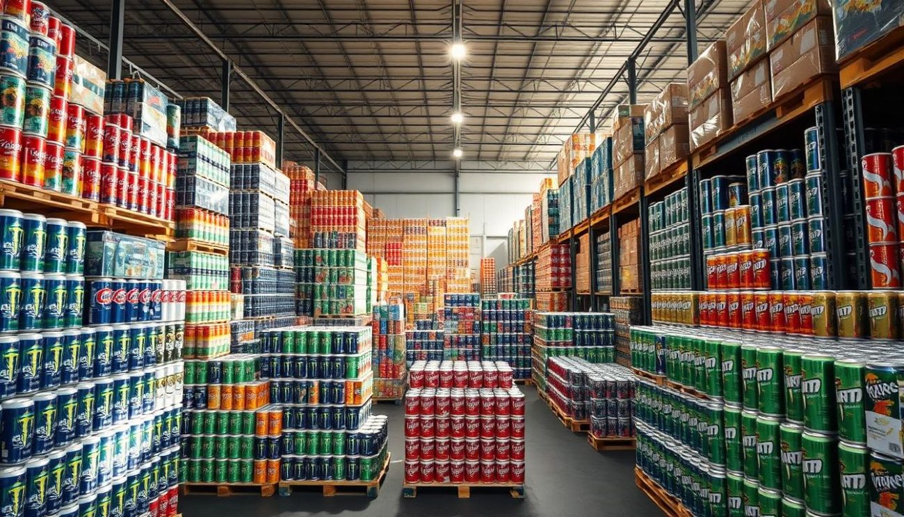 A large, well-lit warehouse interior filled with stacks and pallets of various wholesale energy drink cans and bottles. The products are neatly organized and displayed, with a focus on brand variety and visual appeal. The lighting is bright and even, casting long shadows that add depth and dimension to the scene. The camera angle is slightly elevated, allowing the viewer to take in the full scope of the inventory. The overall mood is one of professional organization and commercial abundance, conveying the idea of a robust and export-ready soft drink product line.