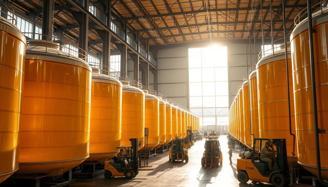 A large, well-lit warehouse interior, with rows of massive storage tanks filled with golden-hued vegetable oil. Forklifts and workers in protective gear move about, loading and unloading the tanks. Bright sunlight streams in through large windows, casting long shadows and highlighting the industrial setting. The scene conveys a sense of efficiency, scale, and the essential role these bulk oil suppliers play in the food production industry. Crisp focus, high-resolution, photorealistic rendering.