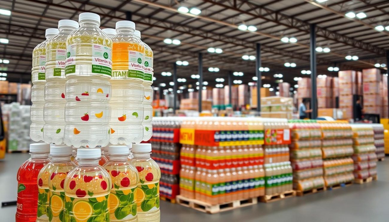 A large, well-lit warehouse interior with rows of neatly stacked pallets of various vitamin water bottles. The foreground features a stack of clear plastic bottles filled with a variety of vibrant, refreshing-looking vitamin-infused liquids. The middle ground showcases the diverse selection, with bottles in different flavors and sizes. The background depicts the bustle of a busy distribution center, with forklifts and workers moving inventory. The lighting is bright and even, creating a clean, professional atmosphere that highlights the quality and abundance of the vitamin water products. The overall scene conveys a sense of reliability, variety, and the ability to accommodate large-scale orders.