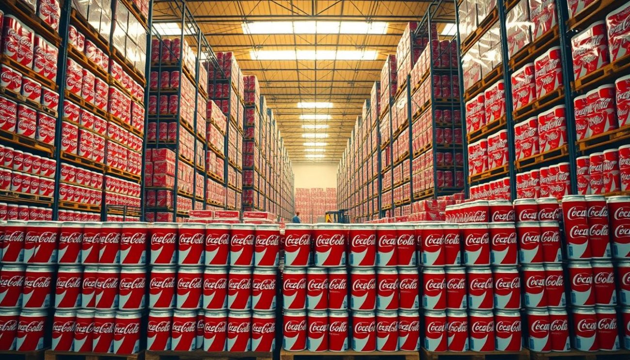 A large, well-lit warehouse interior with rows of stacked Coca-Cola 330ml cans. The foreground features neatly organized pallets and crates of the iconic red and white soda cans, their labels crisp and vibrant. The middle ground showcases towering shelves reaching to the high ceiling, creating a sense of scale and abundance. In the background, forklifts and workers move efficiently, maintaining the steady flow of inventory. The lighting is a warm, golden hue, conveying a sense of productivity and efficiency. The overall atmosphere evokes a feeling of a thriving wholesale operation, ready to meet the demand for Coca-Cola.