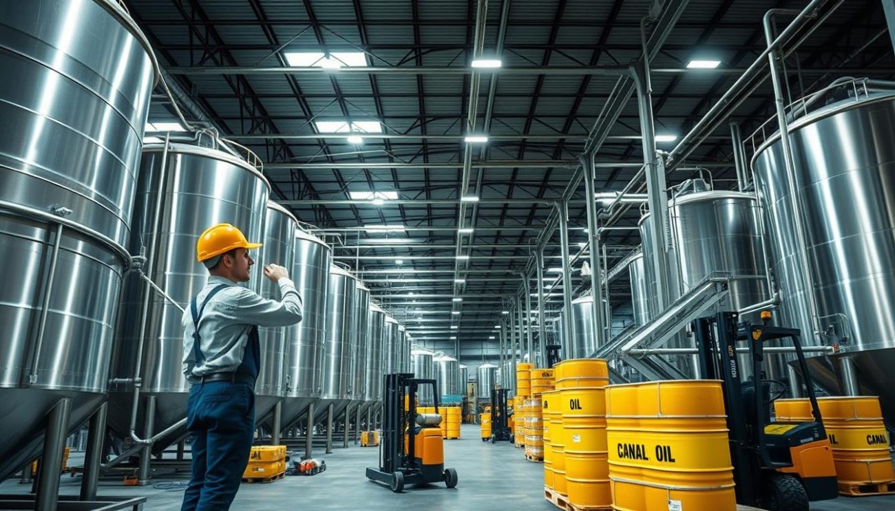 A large, well-lit warehouse interior with rows of steel storage tanks and pipes, conveyor belts, and forklifts moving pallets of canola oil drums. In the foreground, a worker in overalls and a hard hat inspects the quality of the oil, taking samples from an open hatch on one of the tanks. The scene conveys a sense of industrial efficiency and expertise in bulk canola oil distribution. Bright, even lighting from overhead fixtures illuminates the space, creating long shadows and highlighting the mechanical details. The overall atmosphere is one of a well-oiled, professional operation focused on delivering high-quality canola oil.