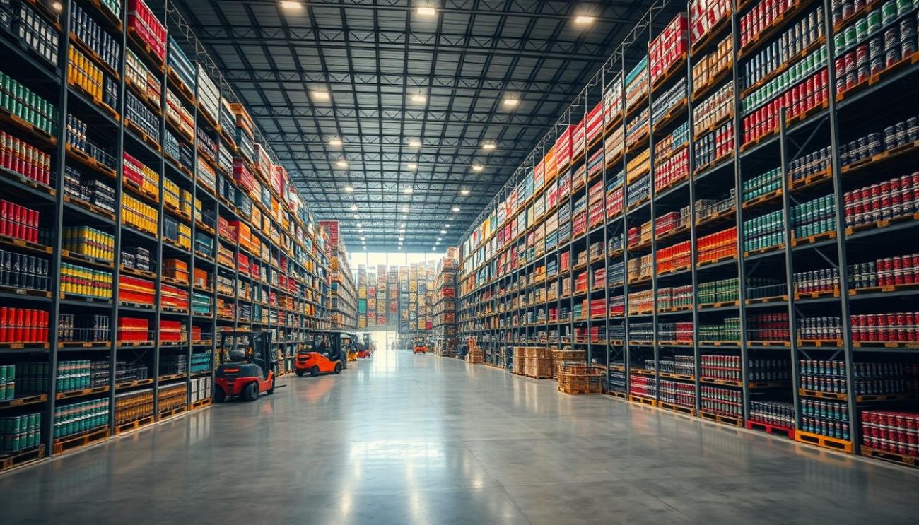 A large, well-lit warehouse stocked with towering shelves of energy drink crates. Sleek, metallic racks stretch into the distance, casting long shadows on the polished concrete floor. Vibrant cans in a rainbow of colors catch the eye, hinting at a diverse selection of flavors. Forklifts zip through the aisles, efficiently moving pallets of merchandise. The atmosphere is one of efficiency and abundance, conveying a sense of a wholesale operation ready to meet high demand. The lighting is a balanced mix of warm overhead lamps and cool natural light from expansive windows, creating a visually striking scene. The overall impression is of a thriving, professionally-run energy drink distribution center.