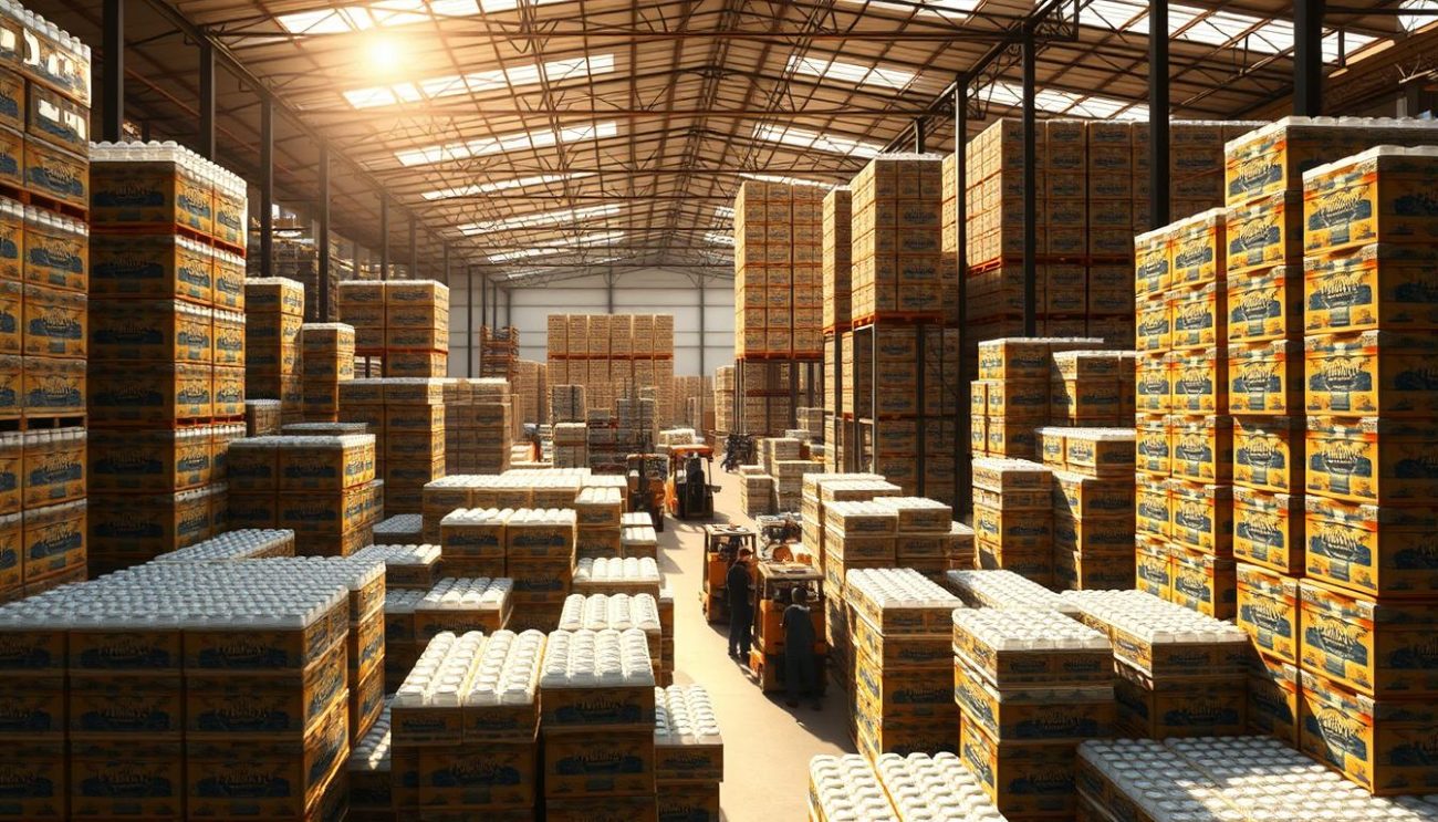 A large, well-organized warehouse filled with stacks of Prime Hydration drink bottles in bulk. Sunlight streams through the windows, casting warm, golden tones across the scene. In the foreground, workers carefully arrange the cases, ensuring they are neatly stacked and ready for shipment. The middle ground showcases the impressive scale of the operation, with towering shelves and a sense of efficiency. In the background, the bustling activity of the warehouse is evident, with forklifts and other machinery in motion. The overall atmosphere conveys the benefits of buying Prime Hydration in bulk - a reliable, high-quality product available in large quantities to meet the needs of retailers and wholesalers.