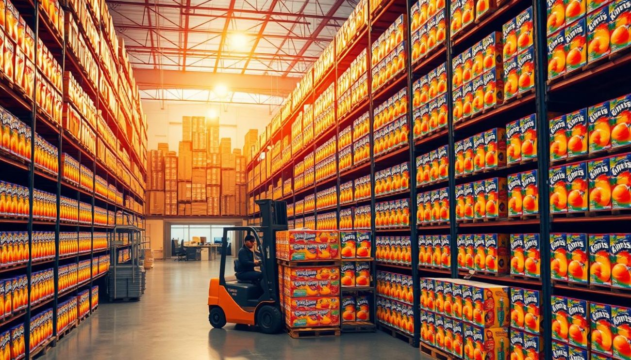 A large, well-stocked warehouse filled with rows of brightly colored Capri-Sun juice boxes, stacked neatly on shelves that stretch from floor to ceiling. The lighting is warm and inviting, casting a golden glow over the scene. In the foreground, a forklift operator carefully navigates the aisles, efficiently loading pallets of the iconic juice pouches onto a truck. The background features a clean, modern office space, with desks and computers, indicating a professional distribution operation. The overall atmosphere conveys a sense of abundance, reliability, and accessibility - everything one would expect from a trusted Capri-Sun wholesale supplier.