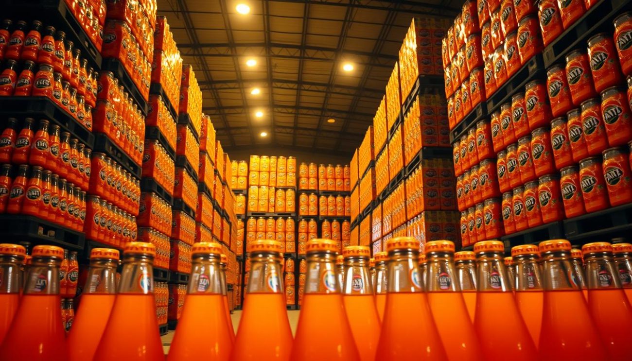 A large, well-stocked warehouse interior, dimly lit with warm, golden lighting. Rows of towering pallets stacked high with crates of vibrant orange Fanta bottles, their glossy labels catching the light. The scene exudes a sense of abundance and reliability, as if this is the central distribution hub for a trusted Fanta supplier. The camera angle is slightly elevated, capturing the scale and organization of the space, while the shallow depth of field keeps the foreground bottles in sharp focus, inviting the viewer to imagine the satisfying heft and refreshing taste of the iconic soda.