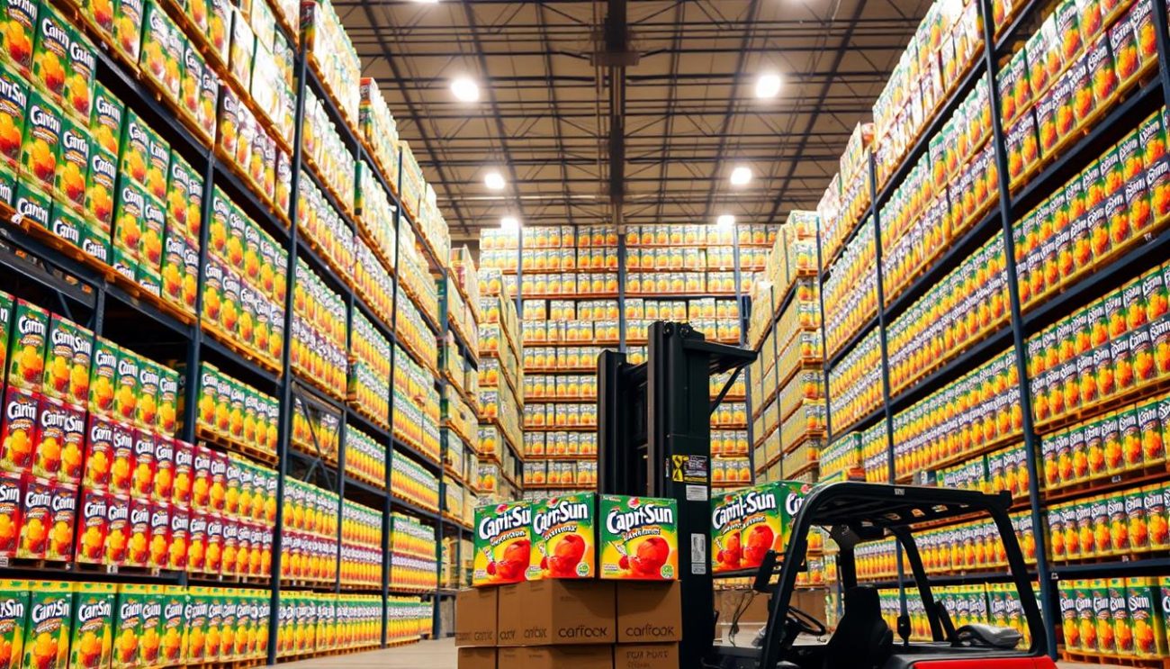 A large wholesale warehouse stocked with rows of brightly colored Capri-Sun juice boxes, their iconic pouches glistening under warm, diffused lighting. Towering shelves line the cavernous space, filled to the brim with the classic fruit flavors. In the foreground, a stack of cardboard cases waits to be loaded onto a forklift, ready for distribution. The atmosphere exudes efficiency and bulk purchasing power, inviting the viewer to imagine the advantages of buying Capri-Sun juice in wholesale quantities.