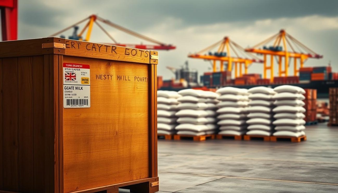 A large wooden crate sits prominently in the foreground, its surface adorned with international shipping labels and barcodes. In the middle ground, neatly stacked pallets of packaged goat milk powder stand ready for export, their pristine white packaging glistening under warm, diffused lighting. In the background, a busy port scene unfolds, with cargo ships, cranes, and the bustling activity of global trade. The overall mood is one of efficiency, reliability, and a sense of the product's readiness to reach international markets.
