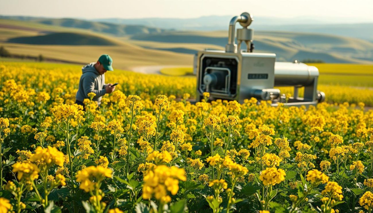 A lush, verdant field of thriving canola plants, their golden flowers swaying gently in the warm breeze. In the foreground, a farmer tenderly inspects the crop, examining the leaves for signs of health and vitality. The middle ground reveals a modern, energy-efficient oil press, its sleek design and gleaming metal surfaces reflecting the sun's rays. In the background, a sprawling horizon of rolling hills and a cloudless sky, conveying a sense of balance and sustainability. The entire scene is bathed in soft, natural lighting, creating a serene and inviting atmosphere that celebrates the harmony between nature and technology in the production of high-quality canola oil.