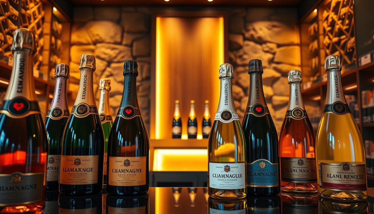 A luxurious champagne cellar, illuminated by warm, golden lighting that casts a soft glow on the elegant bottles. In the foreground, a selection of premium champagne labels from renowned French vineyards, their labels gleaming with a touch of opulence. In the middle ground, a sleek, modern wooden display showcases the champagne, inviting the viewer to imagine the celebratory experience of savoring these exceptional vintages. The background features a backdrop of rich, textured stone walls, conveying a sense of timeless tradition and exclusivity. The overall scene exudes an atmosphere of refined sophistication, befitting a top-tier champagne supplier catering to the discerning tastes of the United States market.