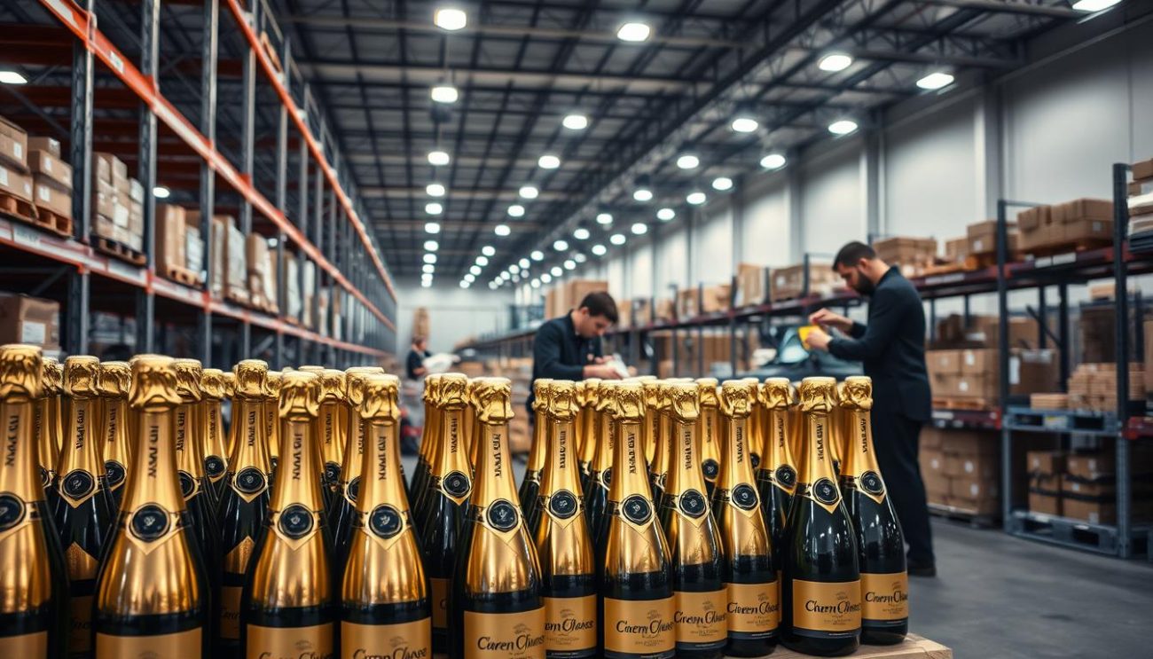 A luxurious champagne order fulfillment scene unfolds in a well-lit, high-end warehouse. In the foreground, a meticulously arranged stack of champagne bottles, their golden labels gleaming under soft, indirect lighting. In the middle ground, warehouse workers in crisp uniforms carefully select and package each order, their movements precise and efficient. The background reveals the grandeur of the warehouse, with its soaring ceilings, sleek metal shelving, and a sense of organized chaos as other shipments are prepared for dispatch. The overall atmosphere exudes a palpable air of professionalism, attention to detail, and the unwavering commitment to delivering the finest champagne experience.