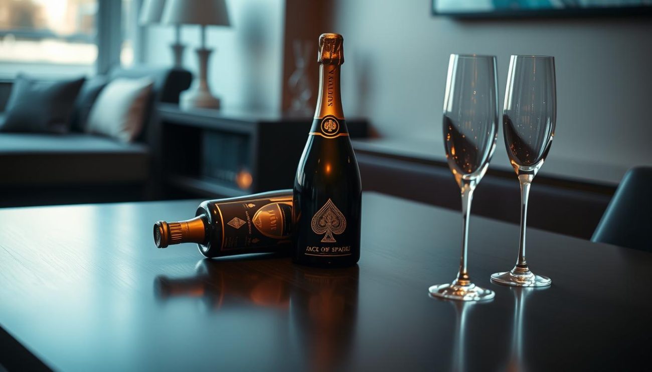 A luxurious, chilled bottle of Ace of Spades Champagne rests on a sleek, dark wooden table. The bottle's metallic black label and iconic spade emblem gleam under the warm, dramatic lighting. Elegant crystal flutes stand nearby, anticipating the effervescent pour. The scene exudes an air of sophistication and exclusivity, befitting a premium champagne brand. In the background, a neutral color palette and minimal decor create a sophisticated, understated ambiance, allowing the champagne to take center stage. Captured with a sharp, high-resolution lens, the image conveys the quality and prestige of this coveted champagne.