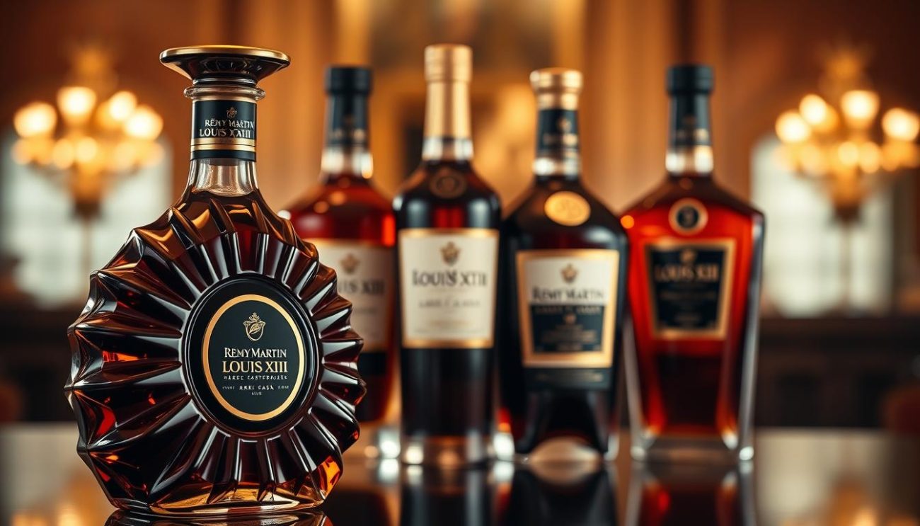 A luxurious display of Rémy Martin Louis XIII cognac bottles, each a masterpiece of craftsmanship. The foreground showcases the iconic Louis XIII decanter, its intricate details and rich mahogany hue reflecting the light. In the middle ground, additional varietals, including the Rémy Martin Louis XIII Rare Cask and Rémy Martin Louis XIII Black Pearl, stand in elegant arrangement. The background is softly blurred, allowing the cognac bottles to take center stage. The image is bathed in a warm, golden hue, evoking the rich, complex flavors of the Rémy Martin Louis XIII range. The overall composition and lighting create a sense of sophistication and exclusivity, perfectly capturing the essence of this renowned cognac brand.