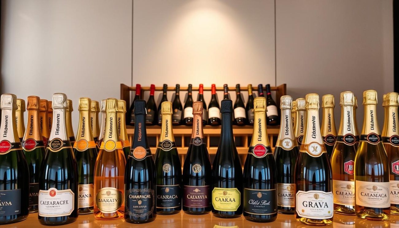 A luxurious display of high-end sparkling wine bottles in a sophisticated setting. In the foreground, rows of premium champagne, cava, and prosecco bottles with intricate labels and foils, illuminated by soft, warm lighting. In the middle ground, a sleek, wooden wine rack showcases the diverse product range, while the background features a minimalist, high-contrast backdrop that emphasizes the elegance of the bottles. The scene conveys a sense of exclusivity and quality, inviting the viewer to imagine the exquisite flavors and aromas of these exceptional sparkling wines.