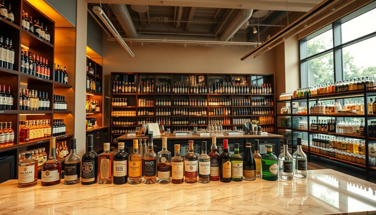 A luxurious, well-stocked beverage wholesaler's showroom, illuminated by warm, golden lighting. In the foreground, an elegant marble countertop displays an array of premium spirits, liqueurs, and fine wines, each bottle meticulously arranged. In the middle ground, wooden shelves hold an extensive selection of specialty drinks, from craft beers to premium mixers. The background features a sophisticated, high-ceilinged space with floor-to-ceiling windows, allowing natural light to filter in and casting a soft, inviting glow. The overall atmosphere exudes a sense of exclusivity, quality, and attention to detail, befitting a trusted, premium beverage supplier.