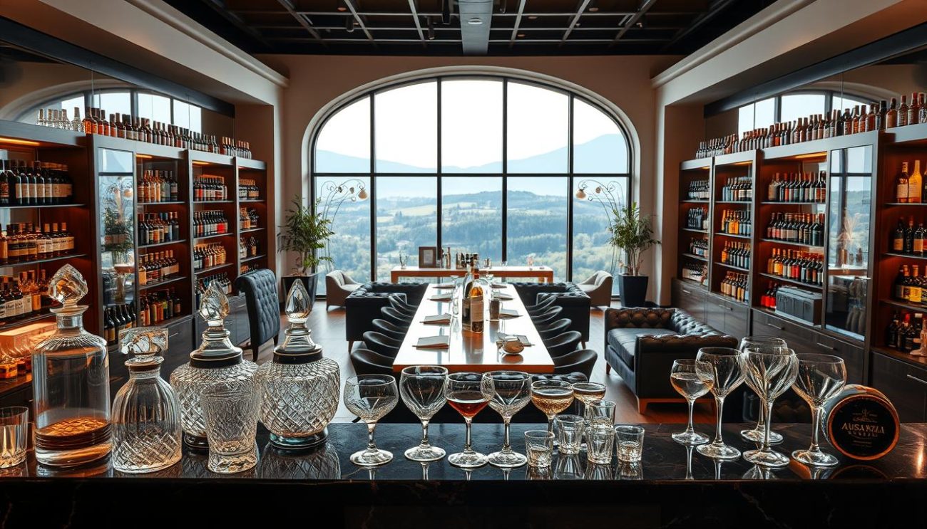 A luxuriously appointed showroom showcasing an extensive collection of premium Austrian beverages. The foreground features an elegant display of crystal decanters and gleaming glassware, casting a warm glow under soft, diffused lighting. In the middle ground, a central bar counter is adorned with fine marble and polished wood, surrounded by plush leather seating and tasteful furnishings. The background reveals a panoramic view through large, arched windows, offering a glimpse of the picturesque Austrian countryside beyond. The overall atmosphere exudes sophistication, quality, and attention to detail, perfectly capturing the essence of a premier wholesale supplier of luxury beverages.