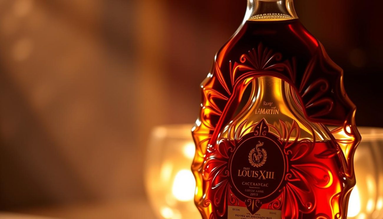A luxuriously detailed bottle of Rémy Martin Louis XIII cognac, captured in a high-resolution photograph. The exquisite decanter features intricate engraved patterns and a rich, amber-colored liquid within. Soft, warm lighting illuminates the bottle, casting a golden glow and highlighting the bottle's opulent design. The background is slightly blurred, allowing the bottle to take center stage. The overall scene conveys a sense of elegance, tradition, and the superior quality of this renowned cognac.
