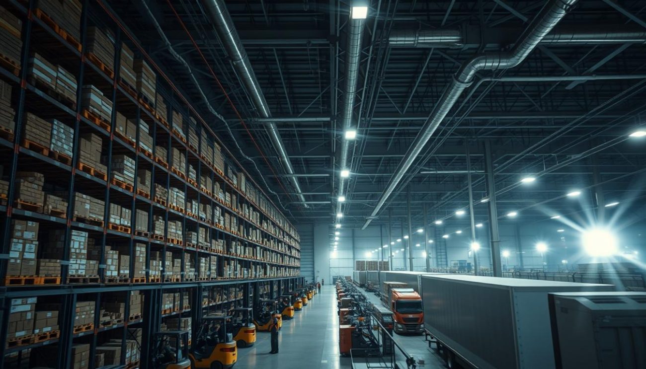 A massive warehouse with rows of shelves stacked high, housing an array of goods. Forklifts efficiently move pallets, their bright lights cutting through the dimly lit space. Overhead, a web of pipes and cables snake across the ceiling, powering the intricate logistics operation. In the foreground, a distribution hub bustles with activity as workers check manifests and load shipments onto waiting trucks. The scene is bathed in a cool, industrial tone, conveying the precision and scale of a well-oiled distribution network. A lens flare from high-intensity lighting adds drama, while the high camera angle emphasizes the sheer size and complexity of the logistics involved.