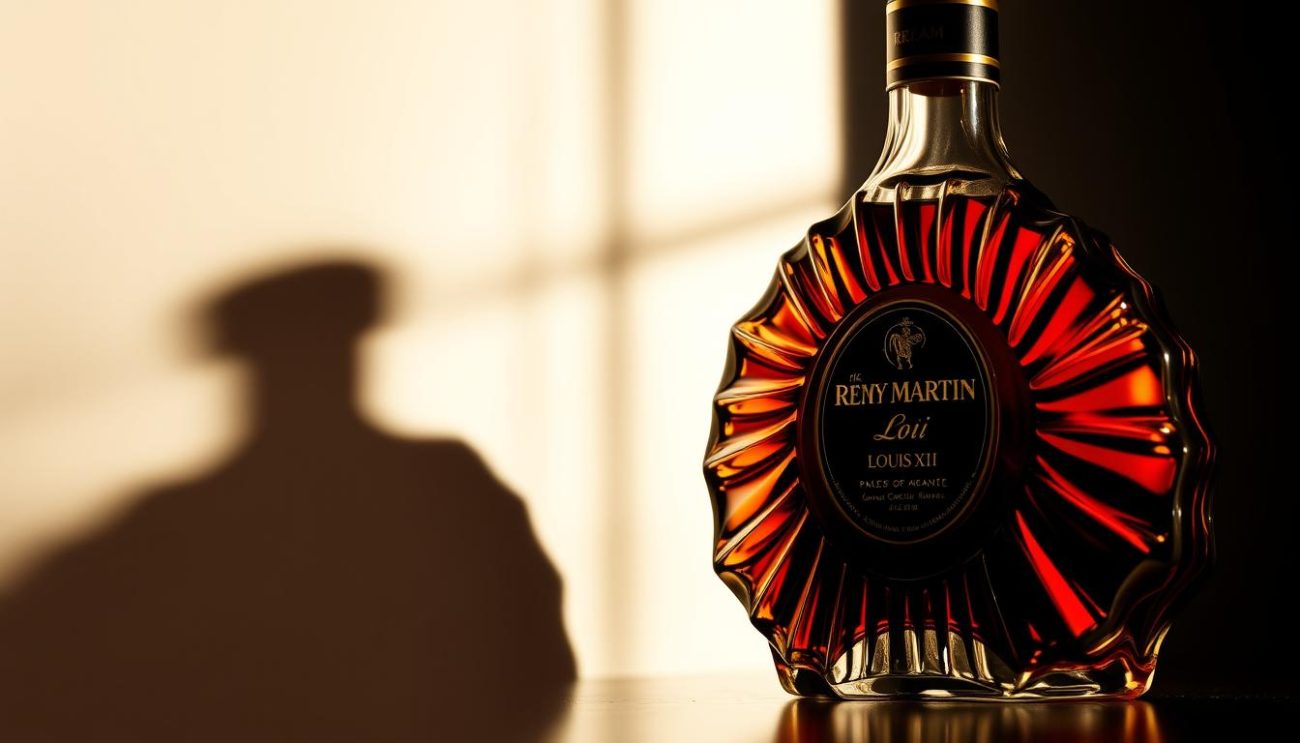 A meticulously crafted glass garrafa of Rémy Martin Louis XIII cognac, its iconic decanter shape and rich amber hue prominently displayed against a softly blurred background. Dramatic side lighting casts dramatic shadows, highlighting the bottle's intricate details and the elegant, timeless design. The image conveys a sense of luxurious refinement, perfectly suited to illustrate the section on "Armazenamento e Conservação do Cognac" within the article "Distribuidor de Rémy Martin Louis XIII: Sua Guia Definitiva."