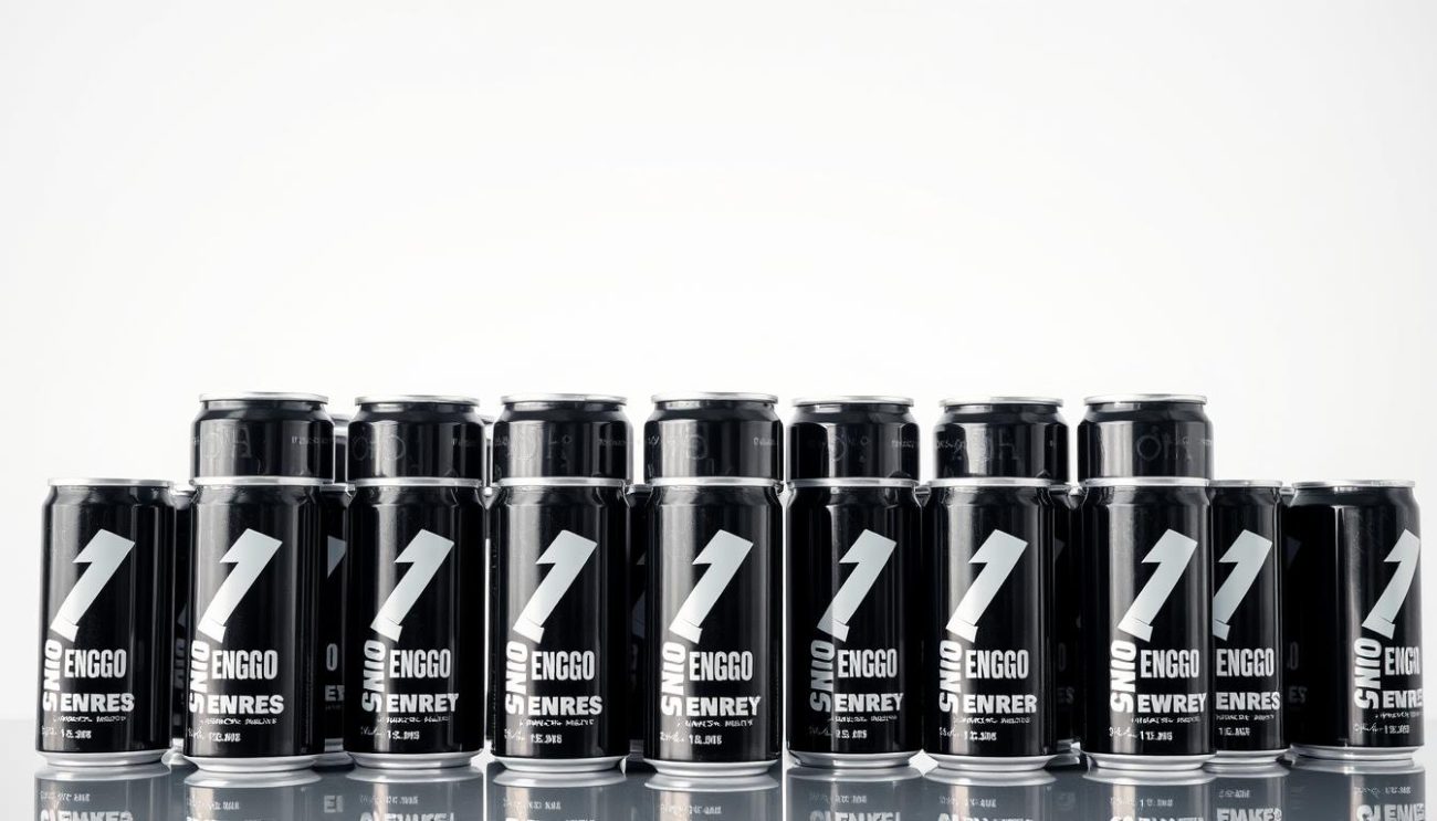 A meticulously organized display of sleek, export-ready energy drink products against a clean, minimalist backdrop. Crisp, black cans with striking white labels catch the eye, their sharp edges and glossy finish reflecting the careful attention to detail. The products are arranged in a visually appealing grid, showcasing their uniform, high-quality design. Soft, directional lighting accentuates the products' dimensional qualities, creating depth and highlighting their premium, professional appearance. The overall scene conveys a sense of sophistication, reliability, and market readiness - qualities that would appeal to potential international business partners.