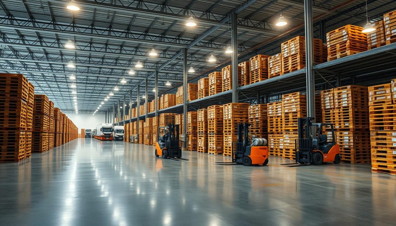 A meticulously planned logistics network in Italy, optimized for efficiency and reliability. Rows of neatly stacked pallets in a pristine warehouse, ready to be transported across Europe. The warm glow of overhead lighting illuminates the scene, casting long shadows that accentuate the precise organization. Forklifts stand at the ready, poised to load the cargo onto a fleet of delivery trucks. The camera captures this dynamic equilibrium, showcasing the seamless integration of technology and human expertise that powers the European distribution network.