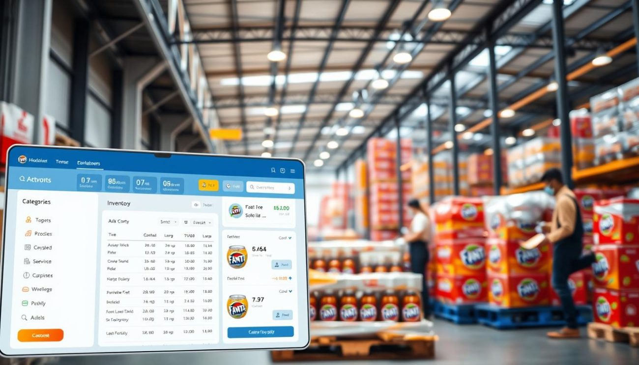 A modern and intuitive beverage ordering platform with a sleek, responsive interface. In the foreground, a user-friendly dashboard displays categories, items, and order details. The middle ground features a well-organized inventory, showcasing various beverage products with clear pricing and availability. In the background, a bustling warehouse scene shows workers efficiently packing and loading pallets of Fanta soft drinks, ready for reliable wholesale delivery. The lighting is bright and natural, creating a professional, efficient atmosphere. The overall composition conveys a seamless, technology-driven ordering experience for wholesale clients.