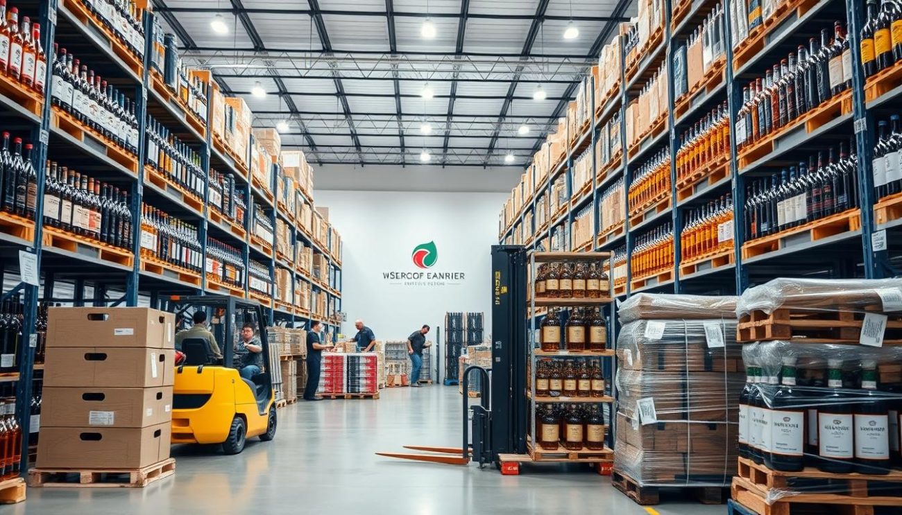 A modern and well-equipped beverage distribution warehouse with an orderly arrangement of shelves stocked with a variety of bottled alcoholic beverages, including whisky. The warehouse is brightly lit with a combination of natural and artificial lighting, creating a clean and professional atmosphere. In the foreground, a forklift operator carefully maneuvers a pallet of whisky bottles, showcasing the efficient logistics operations. The middle ground features workers checking inventory and preparing orders, while the background depicts the organization's logo prominently displayed on the wall, reinforcing the brand identity. The overall scene conveys a sense of reliability, attention to detail, and a commitment to providing high-quality B2B services.