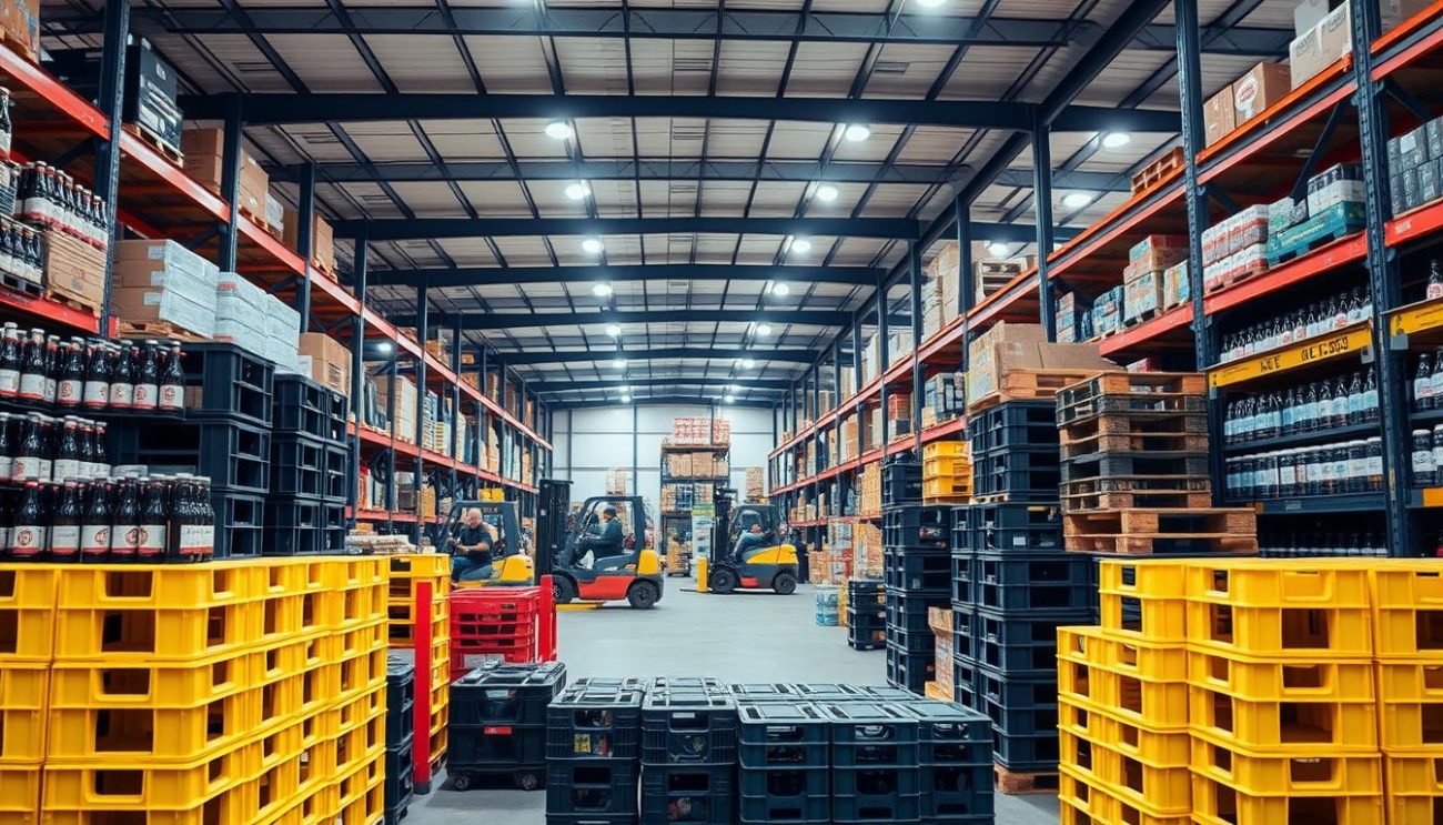 A modern and well-organized UK beer wholesale supplier warehouse. In the foreground, stacks of various beer crates, bottles, and kegs neatly arranged. In the middle ground, forklifts and employees efficiently loading and unloading inventory. The background features high ceilings, industrial shelving, and bright, evenly distributed lighting illuminating the scene. The overall atmosphere conveys a sense of professionalism, organization, and the reliable supply of a wide range of popular British beer brands to meet the demands of local pubs, restaurants, and retailers.
