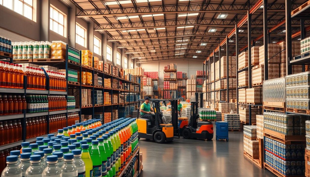 A modern and well-stocked hydration drink distributor warehouse, bathed in warm, diffused lighting from large windows. The foreground features a variety of colorful beverage bottles and cans neatly arranged on shelves, conveying a sense of order and organization. In the middle ground, forklifts and workers move efficiently, transporting pallets of hydration products. The background showcases an expansive storage area with towering racks, illustrating the distributor's capacity to handle large volumes. The overall atmosphere exudes professionalism, efficiency, and a commitment to delivering high-quality hydration solutions to a diverse customer base.