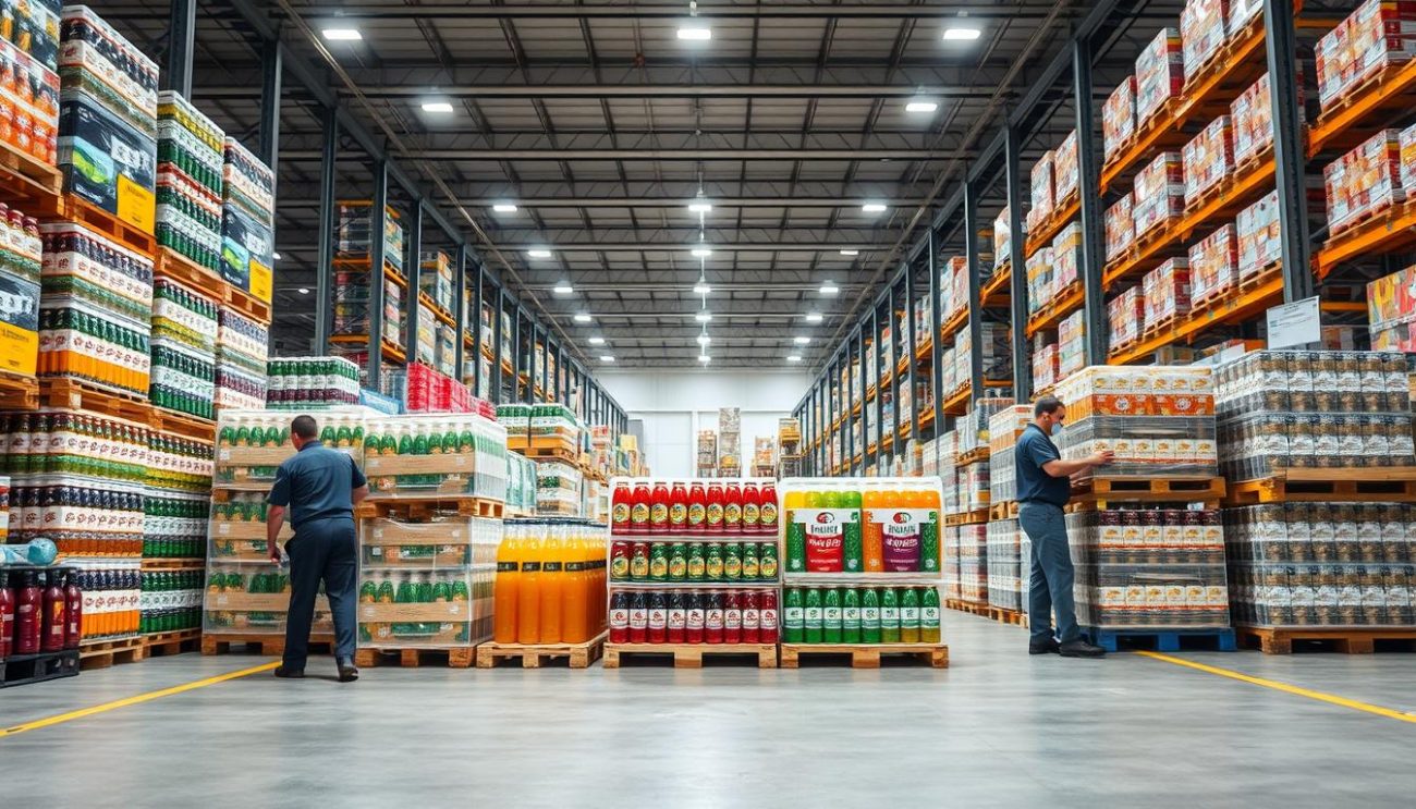 A modern, brightly lit warehouse interior with rows of neatly stacked pallets and crates containing a variety of carbonated and functional drinks. The foreground features several workers in uniforms carefully arranging and securing the pallets, ready for shipment. The middle ground showcases an array of colorful drink bottles and cans, representing the diverse product selection. The background depicts high shelving units and industrial-style lighting, conveying a sense of efficiency and organization within the wholesale distribution center. The overall atmosphere is one of a well-oiled, professional operation catering to the growing demand for carbonated and functional beverages in the European market.