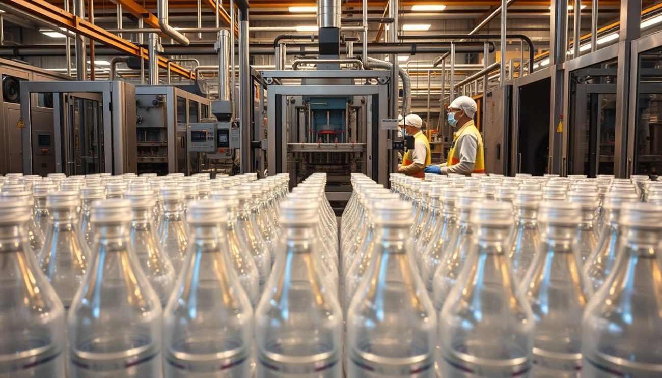 A modern factory interior, well-lit with warm tones. In the foreground, rows of gleaming PET bottles arranged in neat stacks, ready for packaging and distribution. In the middle ground, automated machinery efficiently filling and sealing the bottles, their movements precisely choreographed. In the background, workers in protective gear oversee the process, ensuring strict quality control measures are followed. The atmosphere exudes a sense of efficiency, cleanliness, and attention to detail - a showcase of the EU's commitment to producing high-quality, sustainable PET bottled drinks.