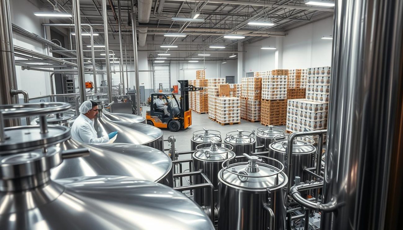A modern, high-tech beverage production facility, with rows of shiny metallic tanks and pipework in the foreground. A team of technicians in white lab coats and hairnets carefully monitor quality control processes, analyzing samples and adjusting the machinery. Bright overhead lighting illuminates the scene, casting long shadows and highlighting the gleaming, stainless-steel surfaces. In the background, forklifts transport pallets of neatly stacked, ready-to-ship product cases, showcasing the efficiency and scale of the operation. The atmosphere conveys a sense of precision, cleanliness, and dedication to delivering the highest-quality beverage products. A modern, high-tech beverage production facility, with rows of shiny metallic tanks and pipework in the foreground. A team of technicians in white lab coats and hairnets carefully monitor quality control processes, analyzing samples and adjusting the machinery. Bright overhead lighting illuminates the scene, casting long shadows and highlighting the gleaming, stainless-steel surfaces. In the background, forklifts transport pallets of neatly stacked, ready-to-ship product cases, showcasing the efficiency and scale of the operation. The atmosphere conveys a sense of precision, cleanliness, and dedication to delivering the highest-quality beverage products.