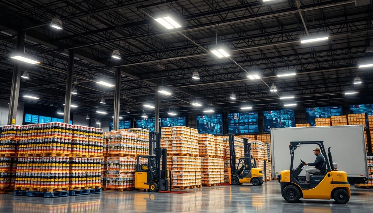 A modern, high-tech warehouse bustling with activity. In the foreground, pallets of premium beverages are neatly stacked, ready for swift and secure delivery. Forklifts efficiently navigate the space, loading the pallets onto waiting delivery trucks. Bright, overhead lighting illuminates the scene, casting a sense of professionalism and efficiency. In the background, a network of digital screens and control panels monitor inventory levels and dispatch logistics, ensuring a seamless, premium beverage experience for customers. The overall atmosphere conveys reliability, quality, and a commitment to superior service.