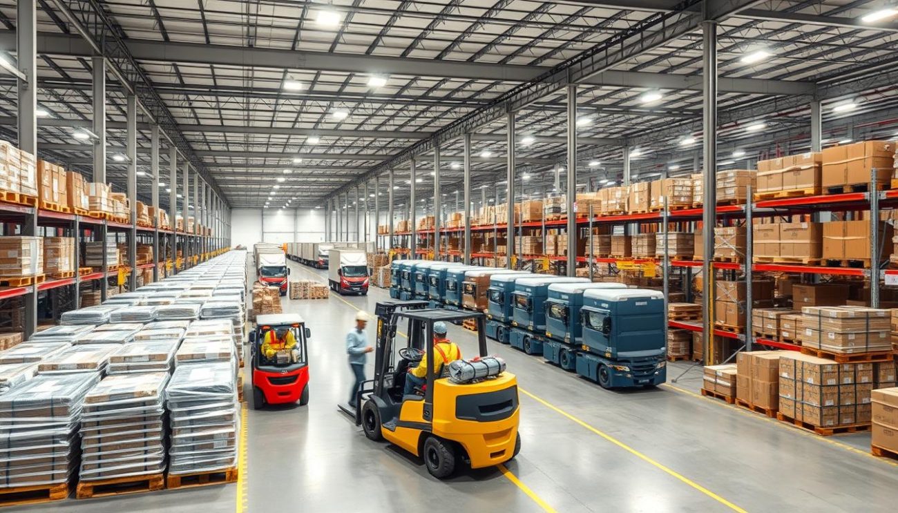A modern, high-tech warehouse with rows of neatly stacked pallets and crates. Forklifts are moving goods, and workers in safety gear oversee the efficient operations. The lighting is bright and uniform, creating a clean, professional atmosphere. In the background, a fleet of delivery trucks is lined up, ready to transport the goods worldwide. The overall scene conveys a sense of seamless, export-ready logistics and a well-oiled supply chain system.