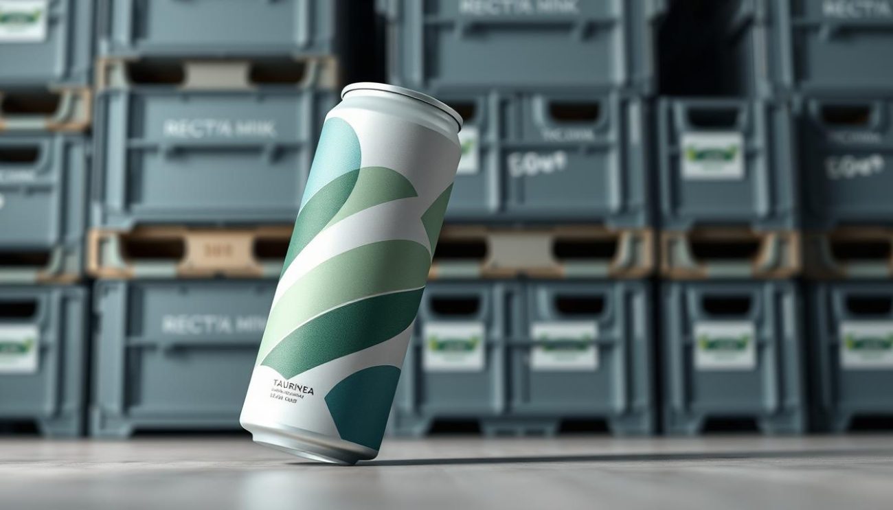 A modern, minimalist energy drink packaging design featuring a sleek, recyclable aluminum can with a matte finish. The can is adorned with abstract geometric patterns in muted shades of green and blue, conveying a sense of eco-friendliness and sustainability. The can rests on a backdrop of neatly stacked energy drink crates, showcasing the brand's commitment to efficient, responsible warehousing and distribution. Soft, diffused lighting highlights the clean lines and sustainable materials, creating an atmospheric, premium visual that aligns with the article's focus on taurine-based drinks and their sustainable packaging solutions.